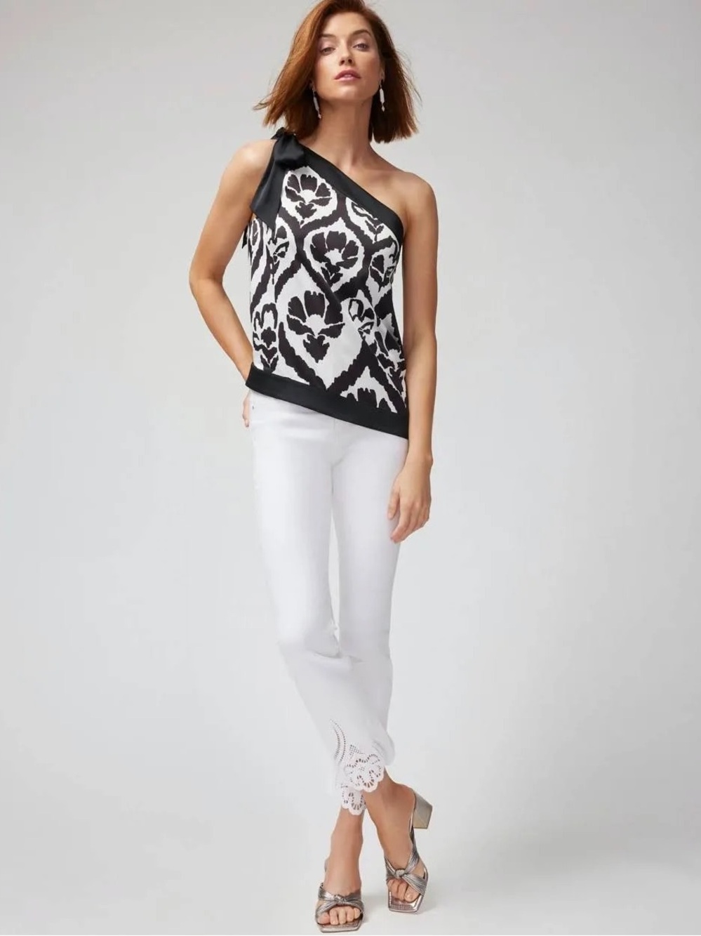 🖤🤍 White House Black Market Black and White One-Shoulder Floral Top Satin - Picture 2 of 9